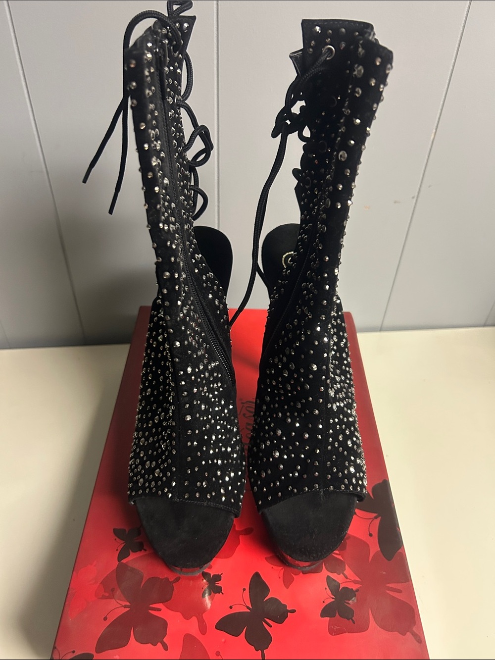 Pleaser Black Studded Lace-Up Peep-Toe Heeled Boots